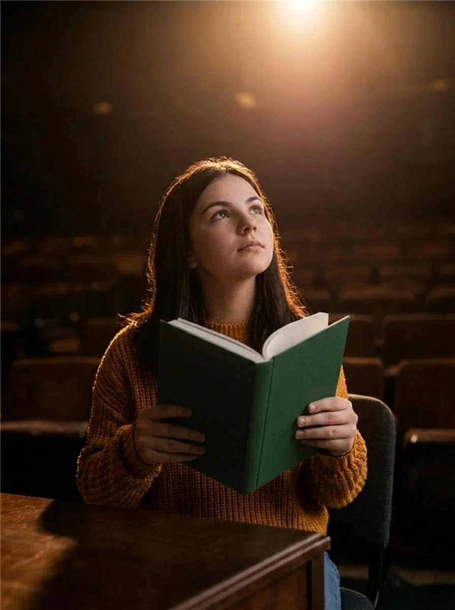 A student reads a green-bound book under a single spotlight in an empty auditorium